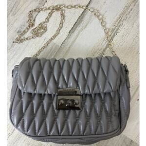 Badgley Mischka Mini Gray Quilted Faux Leather Chain Shoulder Bag Purse New